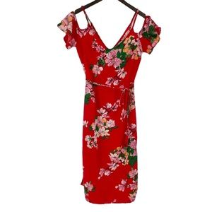 PIGALLE Daisy Red Floral‎ Cold Shoulder Tie Midi Dress